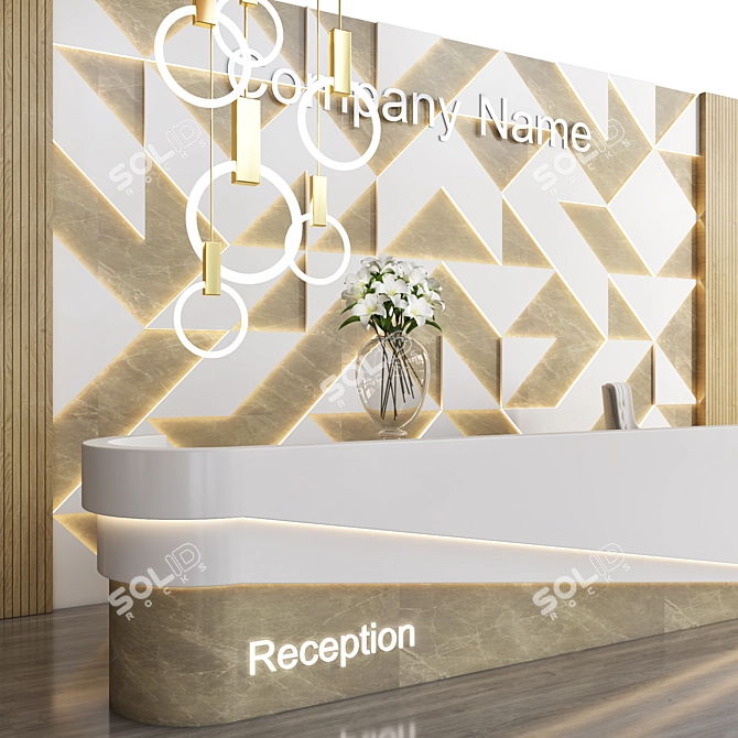 Modern Reception Desk with iMac, Chair, Chandelier, Vase & Panel 3D model image 2