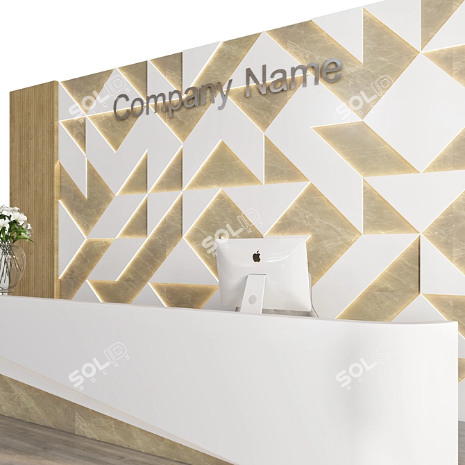 Modern Reception Desk with iMac, Chair, Chandelier, Vase & Panel 3D model image 3