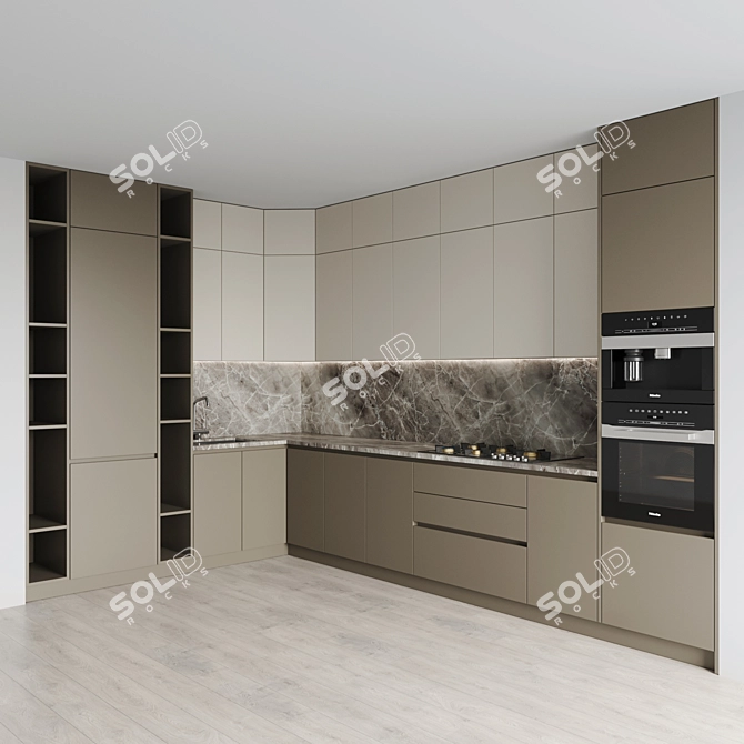 Sleek Kitchen 089: Gas Hob, Oven, Coffee Machine, Sink & Hood 3D model image 1