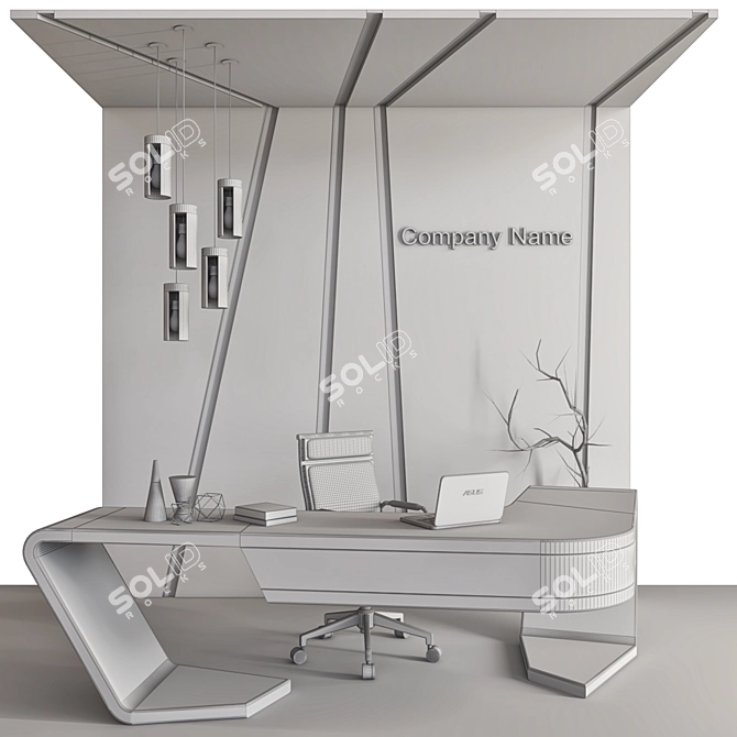 Modern Reception Desk with ASUS Laptop, Chair, Chandelier, Vase & Panel 3D model image 4