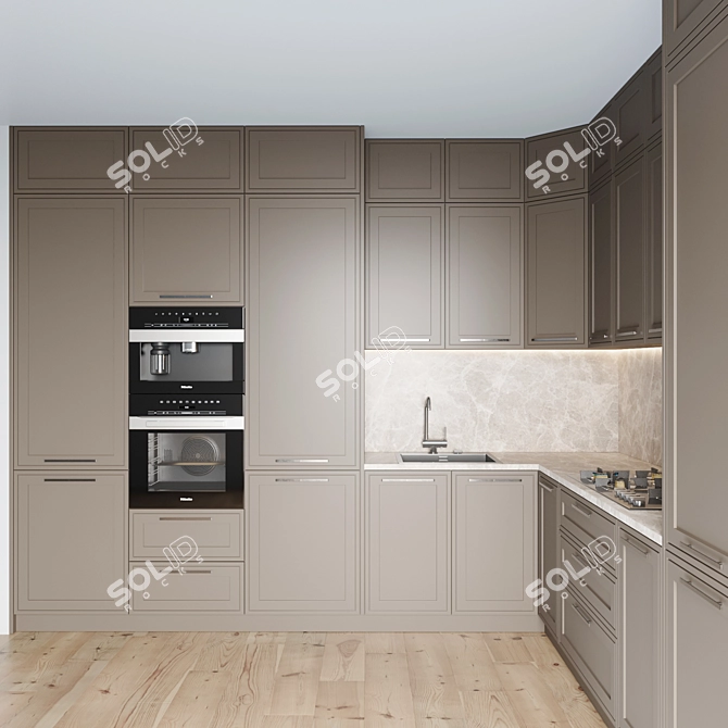 Modern Kitchen Set with Gas Hob, Oven, Coffee Machine, Sink and Hood 3D model image 2