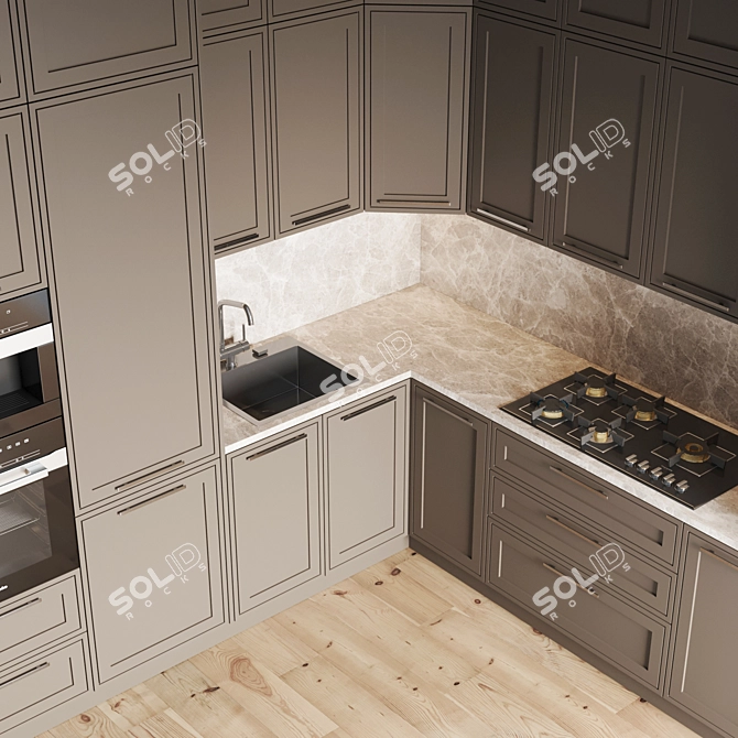 Modern Kitchen Set with Gas Hob, Oven, Coffee Machine, Sink and Hood 3D model image 3