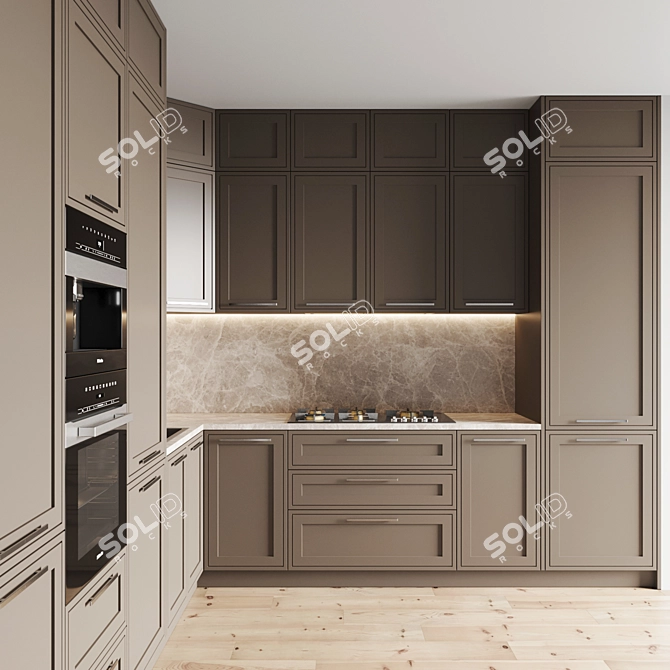 Modern Kitchen Set with Gas Hob, Oven, Coffee Machine, Sink and Hood 3D model image 4