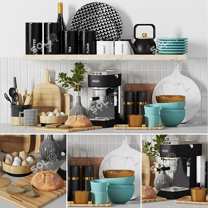 Kitchen Decor Set: Dishes, Bread, Cutting Boards, Containers 3D model image 1