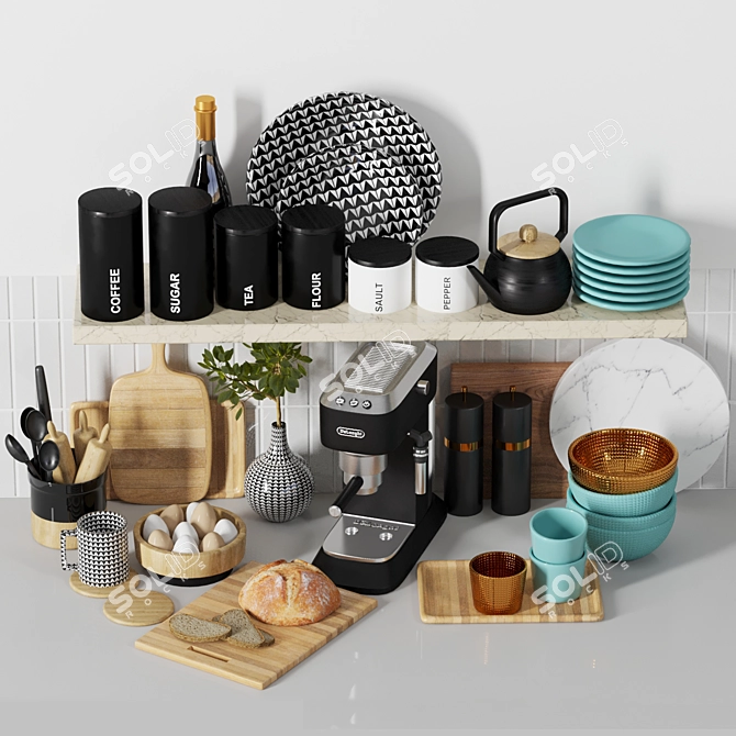 Kitchen Decor Set: Dishes, Bread, Cutting Boards, Containers 3D model image 5