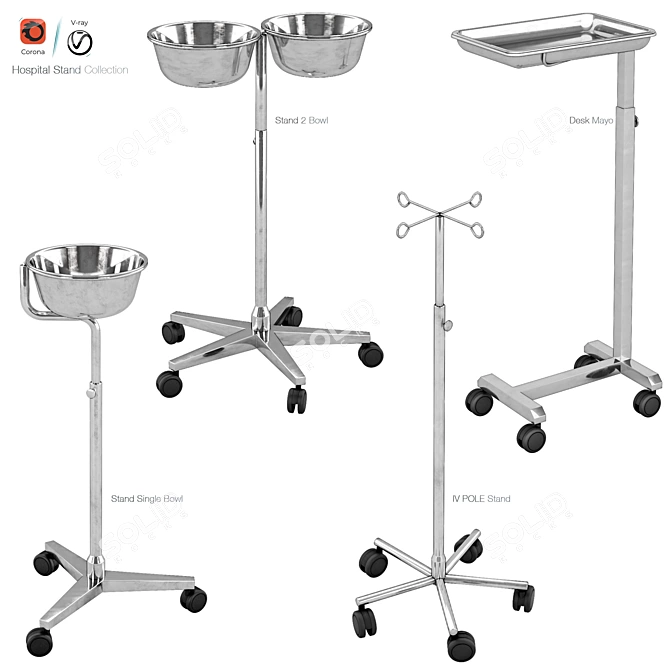 Hospital Stand: IV Pole, Desk Mayo, Stand Bowl 3D model image 1