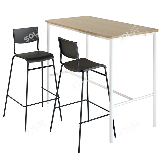 Sleek Black Bar Stool & Oak Table 3D model image 1