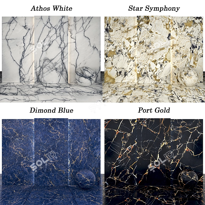 Marble Collection: Port Gold, Athos White, Dimond Blue, Star Symphony 3D model image 2