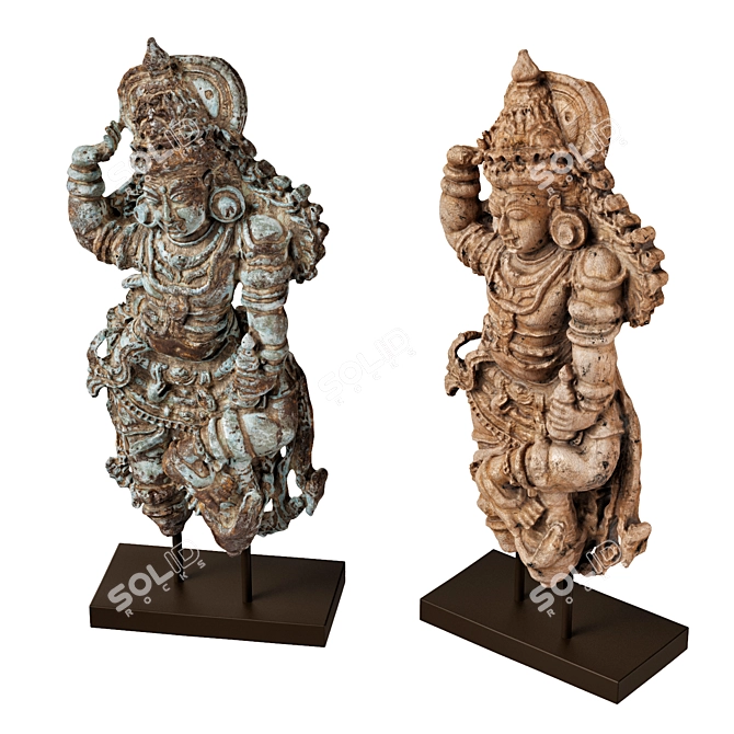 Ancient Dvarapala Wooden Statue 3D model image 2
