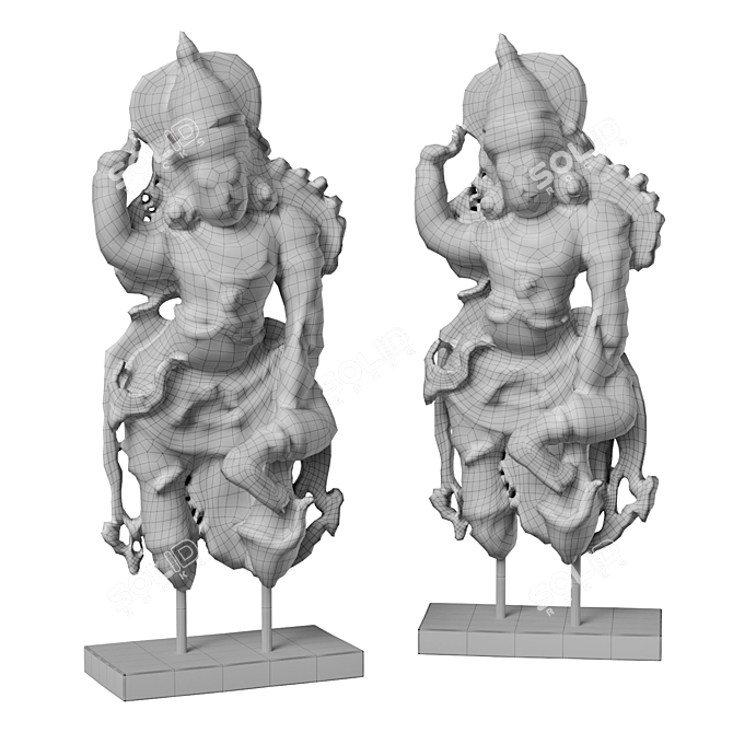 Ancient Dvarapala Wooden Statue 3D model image 5