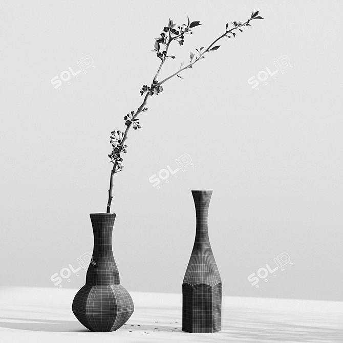 Elegant Aluminum Vases with Cherry Branch 3D model image 10