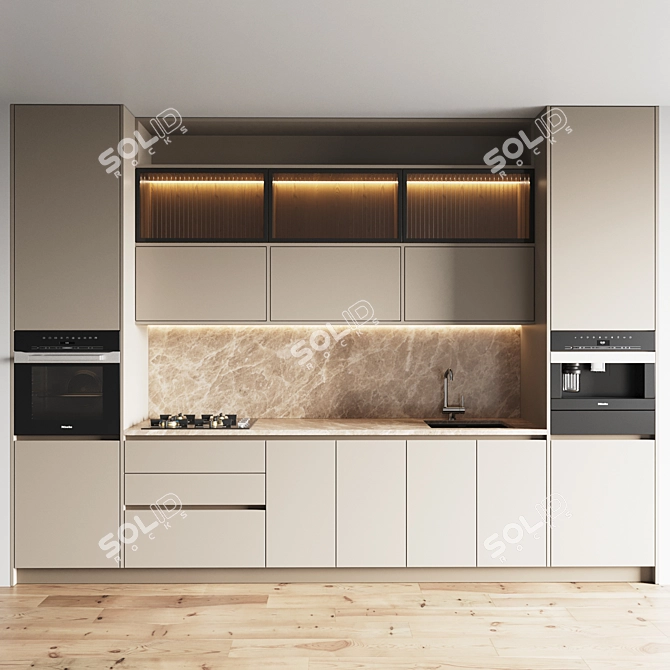 Modern Kitchen Set: Gas Hob, Oven, Coffee Machine, Sink & Hood 3D model image 1