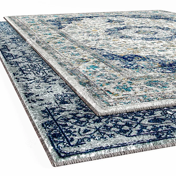 Vintage Blue Persian Rug - Distressed Elegance 3D model image 2