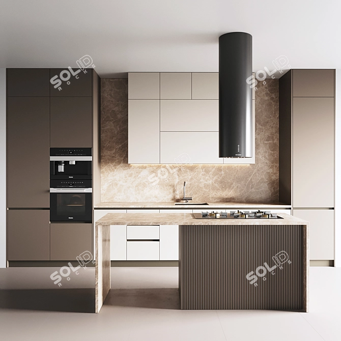 Modern Kitchen Set with Gas Hob, Oven, Coffee Machine, Sink & Hood 3D model image 1