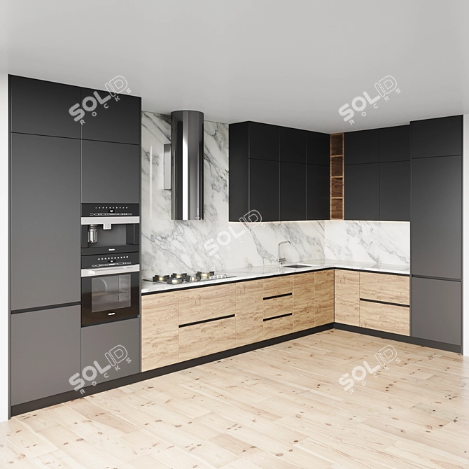 Modern Kitchen Set - Gas Hob, Oven, Coffee Machine, Sink & Hood 3D model image 2