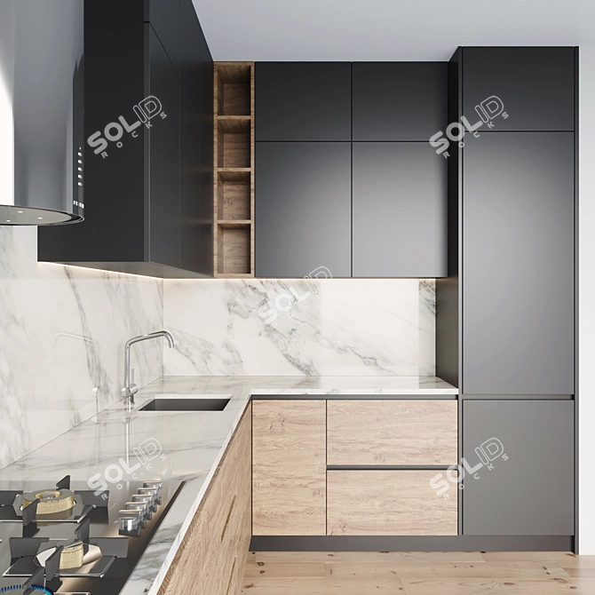 Modern Kitchen Set - Gas Hob, Oven, Coffee Machine, Sink & Hood 3D model image 4