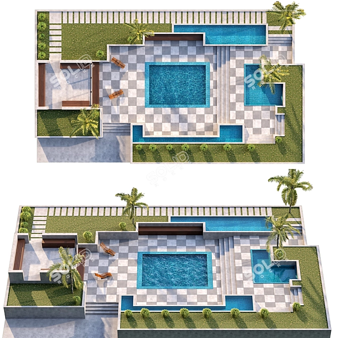 Exquisite Backyard Oasis: Pool, Palm Trees & Sun Chair 3D model image 2