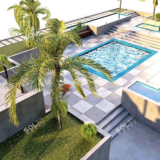 Exquisite Backyard Oasis: Pool, Palm Trees & Sun Chair 3D model image 3