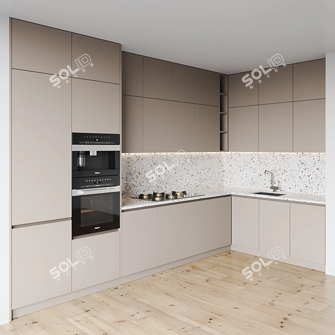 Modern Kitchen Set: Gas Hob, Oven, Coffee Machine, Sink & Hood 3D model image 2