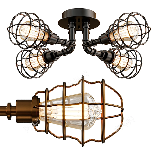 Rustic Metal Twisted Pipe Ceiling Lamp 3D model image 1