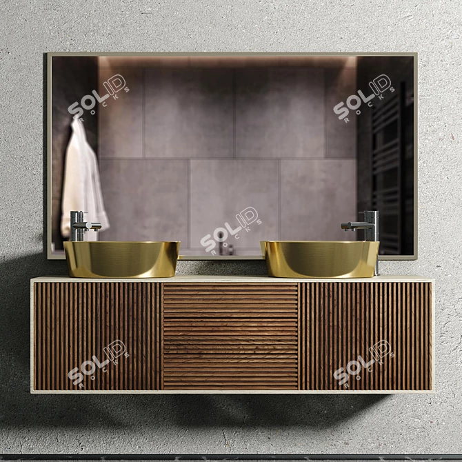 Golden Sink with Wooden Bathroom Furniture 3D model image 2