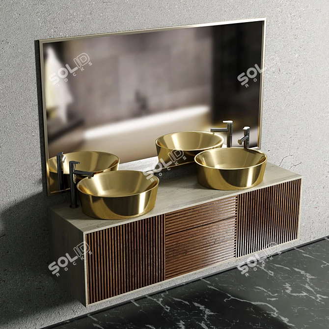 Golden Sink with Wooden Bathroom Furniture 3D model image 3