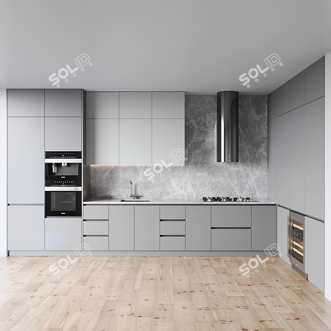 Modern Kitchen Set: Gas Hob, Oven, Coffee Machine, Wine Fridge, Sink & Hood 3D model image 1