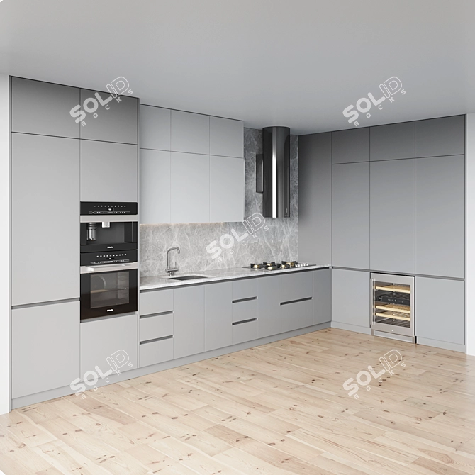 Modern Kitchen Set: Gas Hob, Oven, Coffee Machine, Wine Fridge, Sink & Hood 3D model image 2