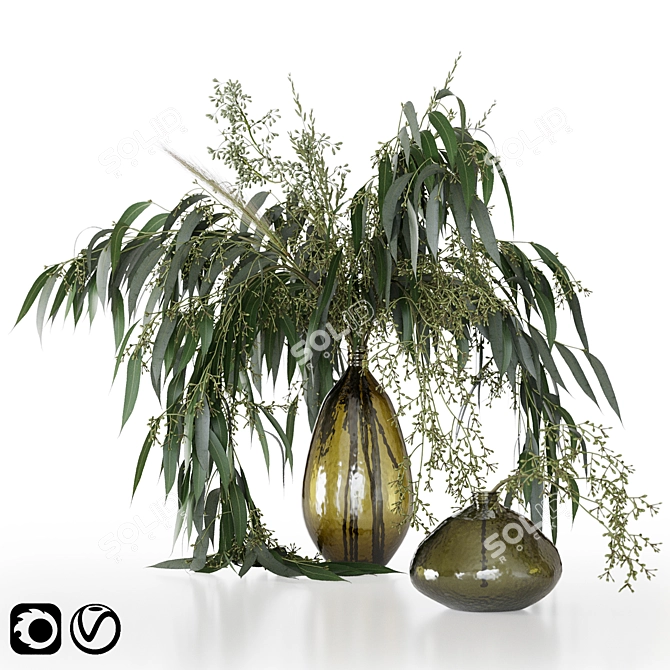 Green Elegance Bouquet: Glass Vases, Grass, and Eucalyptus 3D model image 1