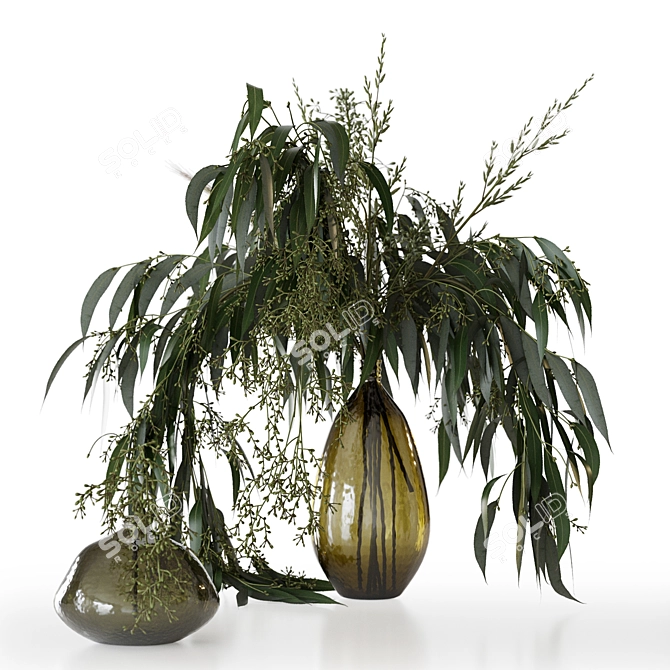 Green Elegance Bouquet: Glass Vases, Grass, and Eucalyptus 3D model image 2