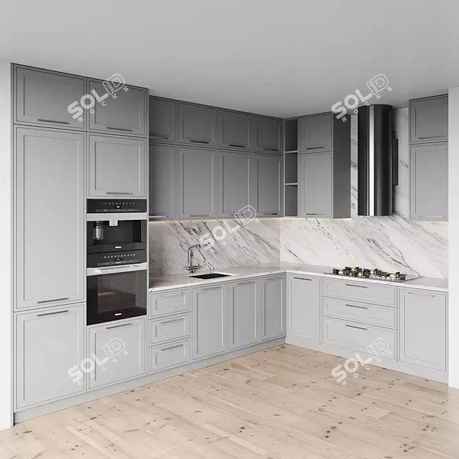 Modern Kitchen Set with Gas Hob, Oven, Coffee Machine, Sink, and Hood 3D model image 1
