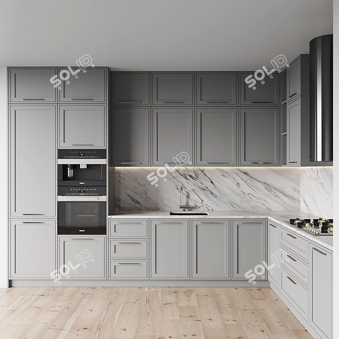 Modern Kitchen Set with Gas Hob, Oven, Coffee Machine, Sink, and Hood 3D model image 2