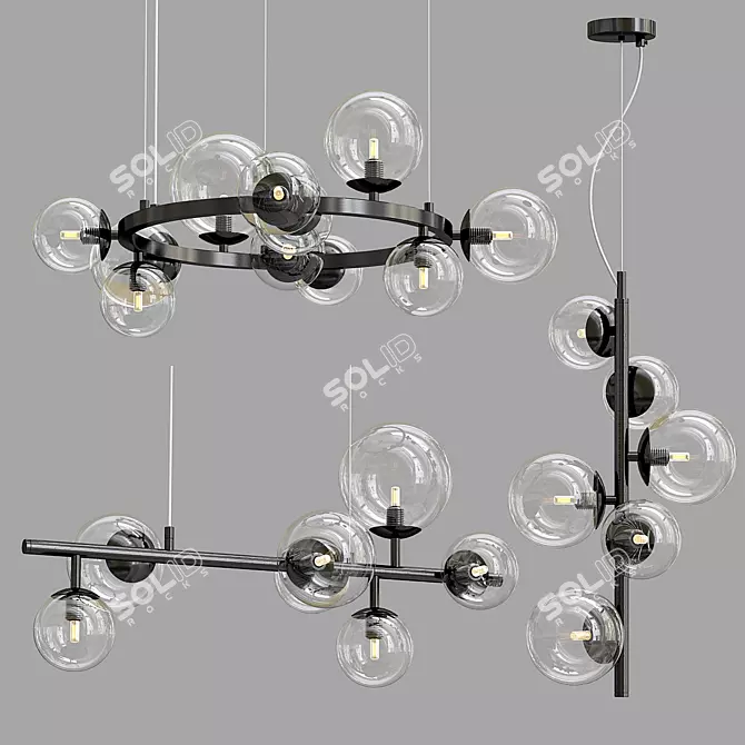 Industrial Black Glass Designer Ring Chandelier 3D model image 1