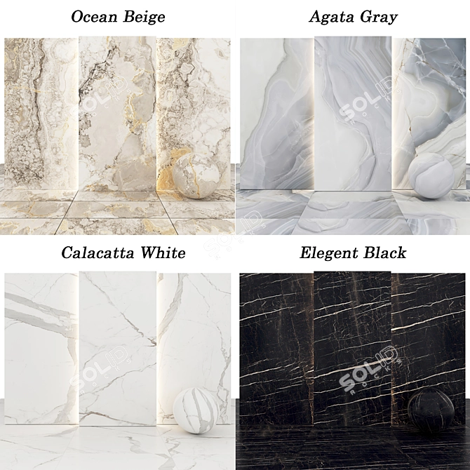 Marble Collection: Ocean Beige, Elegant Black, Calacatta White 3D model image 2