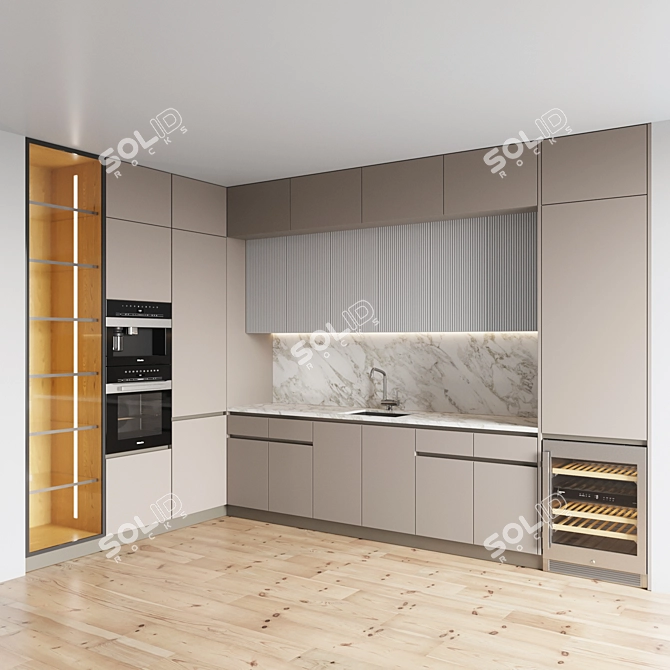 Modern Kitchen Set: Gas Hob, Oven, Coffee Machine, Wine Fridge, Sink, Hood 3D model image 3