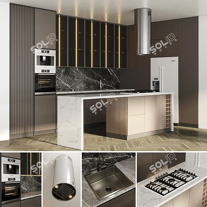 Modern White Kitchen with Island Stove 3D model image 1