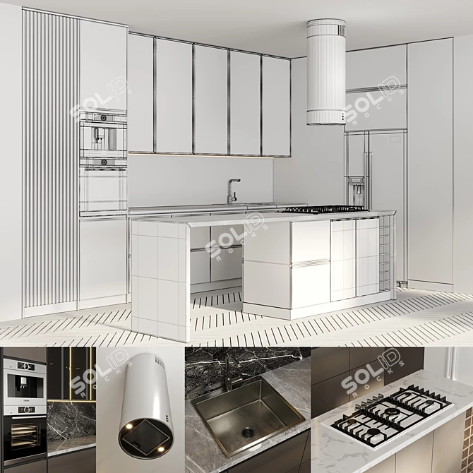 Modern White Kitchen with Island Stove 3D model image 6