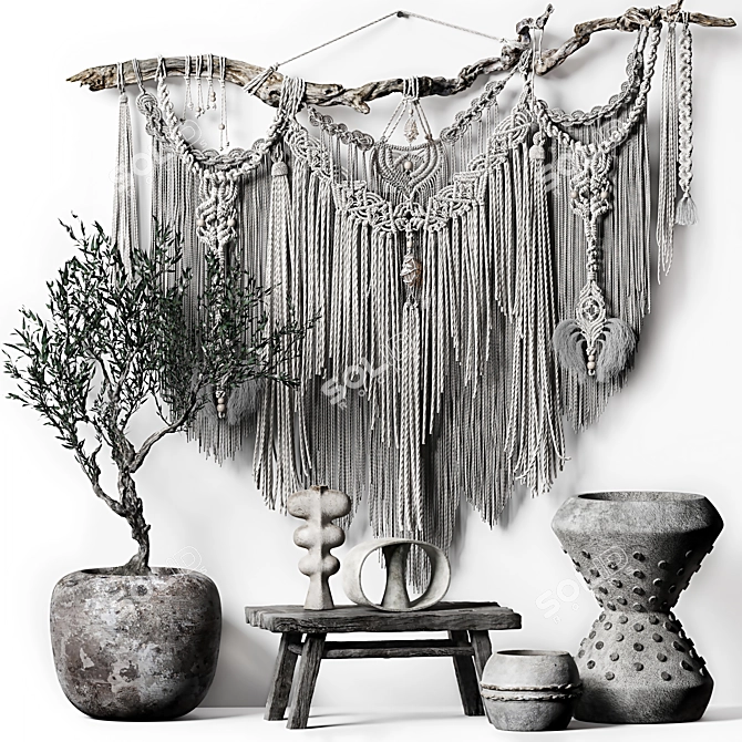 Boho Macrame Decor Set with Hanging Panno & Tree 3D model image 1