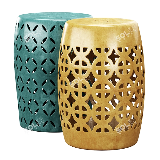 Emerald & Mustard Ceramic Garden Stool 3D model image 2