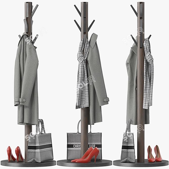 Solid Wood Coat Stand | Freestanding & Stylish 3D model image 3