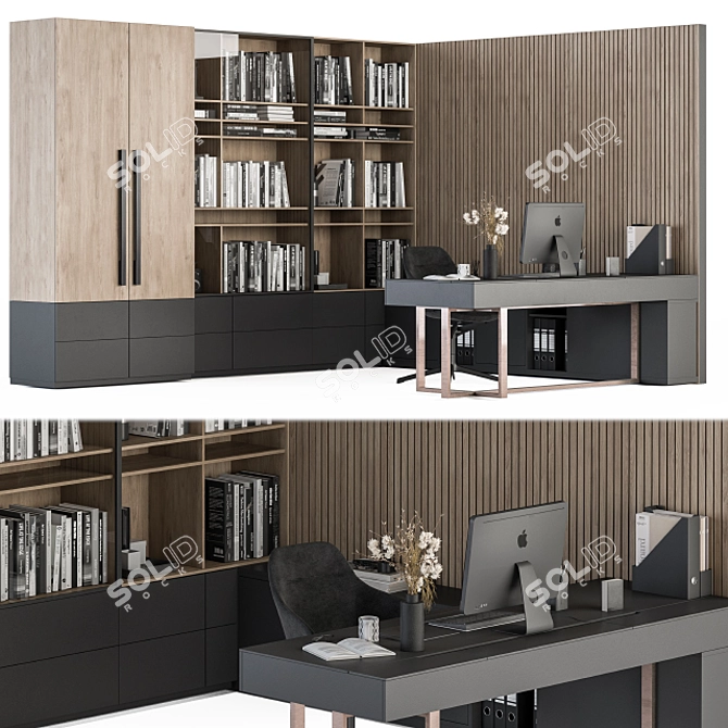 Modern Office L Type with Library 3D model image 2