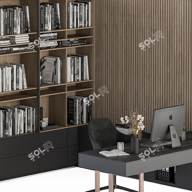 Modern Office L Type with Library 3D model image 3