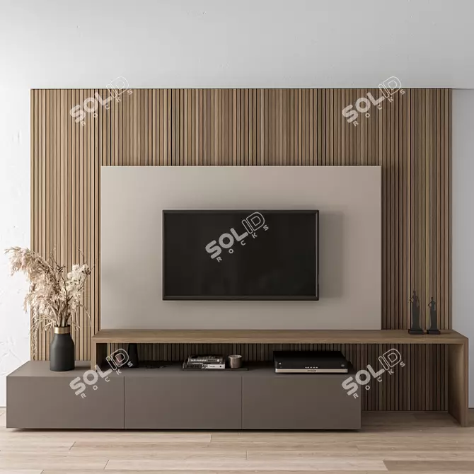 Modern Black and Wood TV Wall 3D model image 1