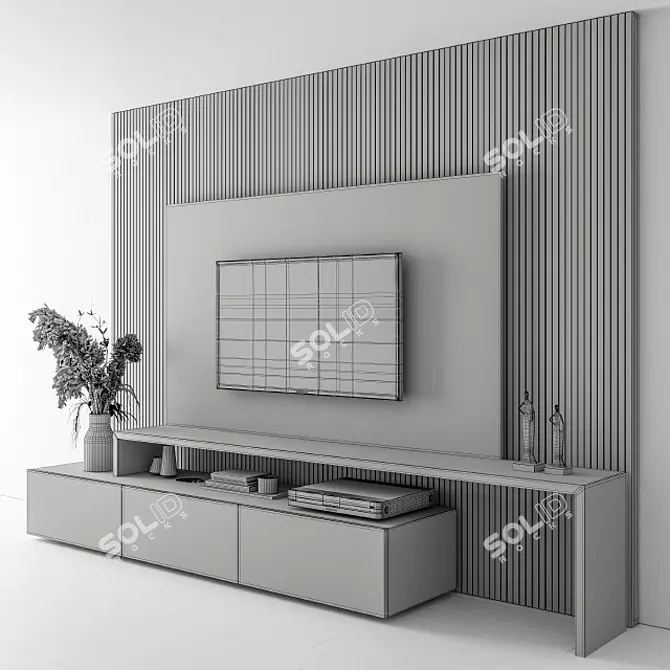 Modern Black and Wood TV Wall 3D model image 6