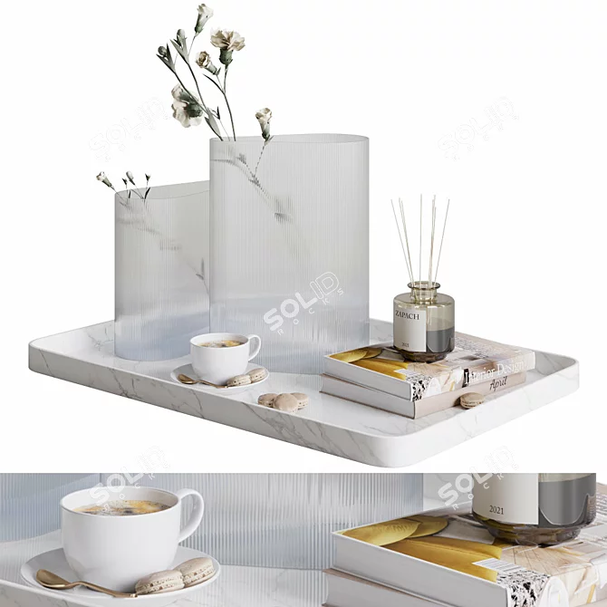 Elegant Coffee Set: Marble Tray, Vase, Bouquet 3D model image 1