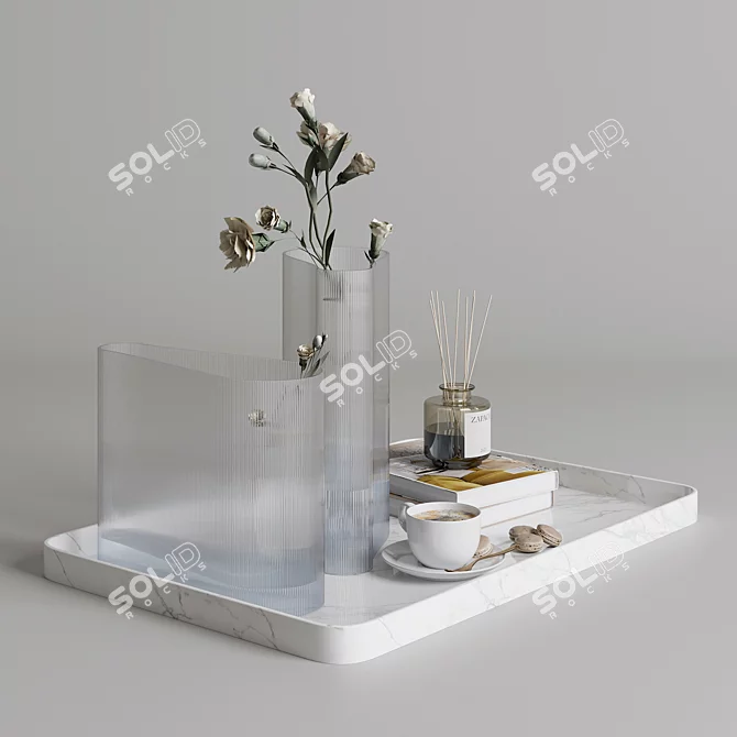 Elegant Coffee Set: Marble Tray, Vase, Bouquet 3D model image 3