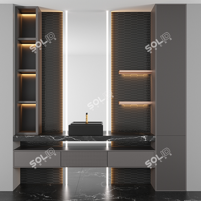 Complete Bathroom Set with Sink, Mirror, Wardrobe, Shelf, and Tiles 3D model image 1