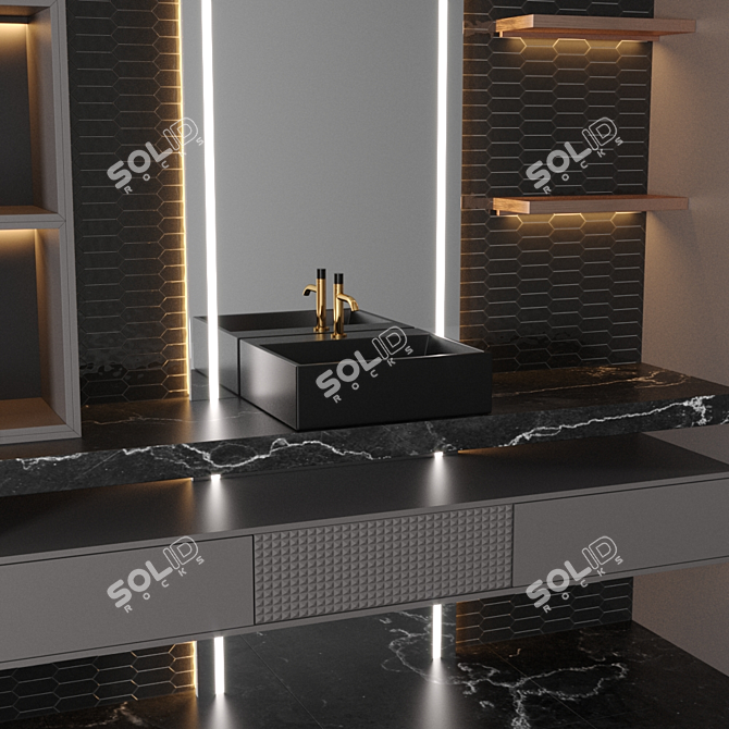 Complete Bathroom Set with Sink, Mirror, Wardrobe, Shelf, and Tiles 3D model image 2