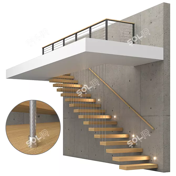 Contemporary Concrete and Wood Staircase 3D model image 1