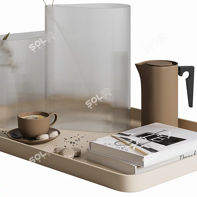 Deluxe Coffee Set: Tray, Vase, Coffee, Macarons 3D model image 4